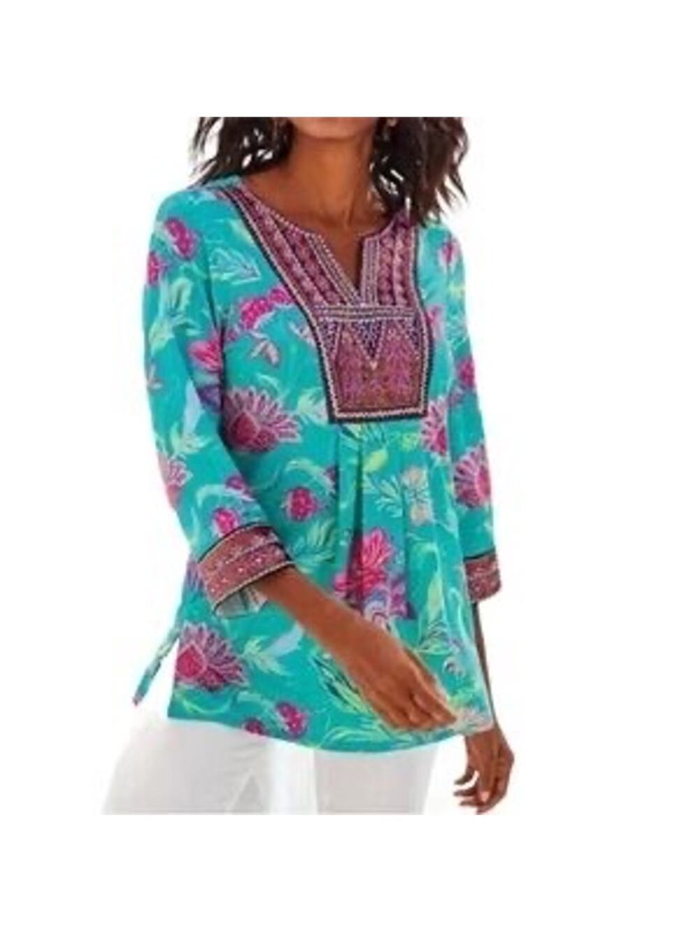 Soft Surroundings Maddalena Tunic Teal Floral Sequin Embroidered Top | Size L